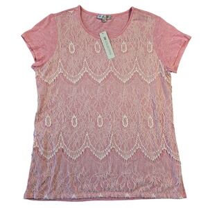 DE COLLECTION Womens Pink Lace Overlay Short Sleeve Scoop Neck Top L Preppy